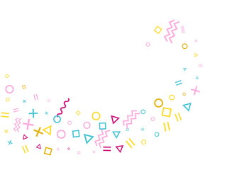 Small 80s style memphis pink blue yellow confetti flying scatter on white.