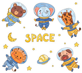Fototapeta premium Set of cute cartoon animals astronaut in space