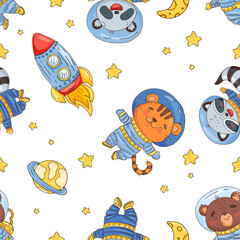 Seamless pattern with cute cartoon rocket, ausrtonaut and planet in space