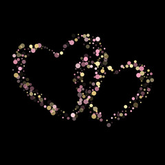 Gold, pink and rose color round confetti dots, circles scatter on black. 