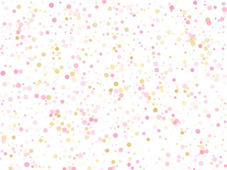 Gold, pink and rose color round confetti dots, circles scatter on white. Elegant bokeh background.