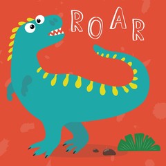 Cute cartoon dinosaur. Roar. Great design elements for kids apparel, nursery decoration, patch or poster. Hand drawn vector illustration.