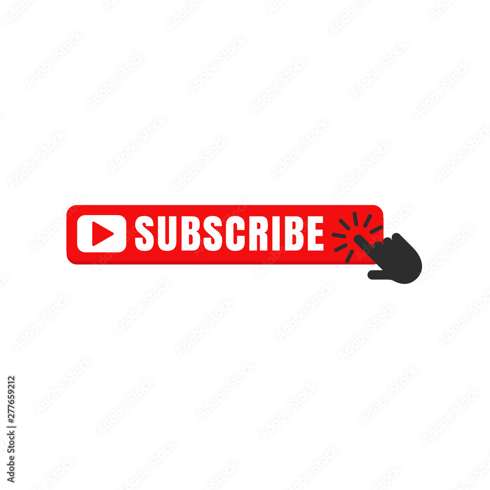 Poster subscribe button color with hand cursor vector sign isolated on white background illustration for gr