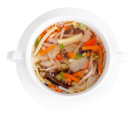 Hot clear broth with vegetables, vegetarian menu