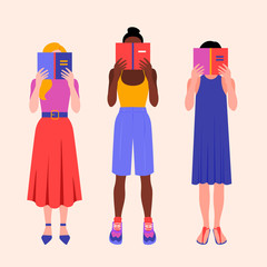 Portrait of three girls in full growth reading books. Women of different races. Bookstore staff. Students Vector flat illustration