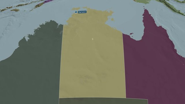 Northern Territory - territory of Australia with its capital zoomed on the administrative map of the globe. Animation 3D