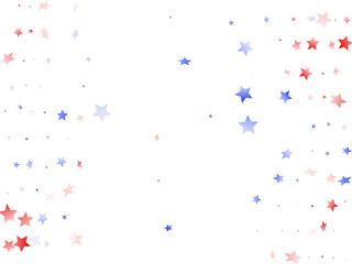 Flying red blue white star sparkles on white vector american patriotic background.