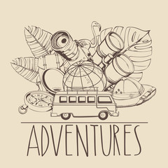Concept of car travel, economical recreation.Sign vacations and tourism. Vector color image.