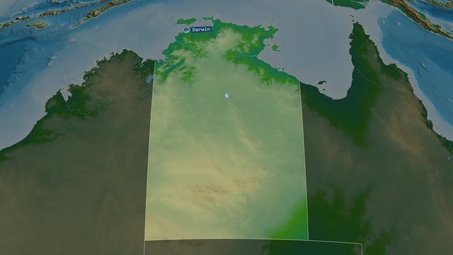 Northern Territory - territory of Australia with its capital zoomed on the physical map of the globe. Animation 3D
