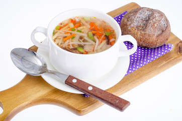 Hot clear broth with vegetables, vegetarian menu