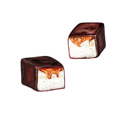 Watercolor isolated set of chocolate marshmallows with caramel