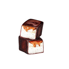 Watercolor isolated set of chocolate marshmallows with caramel