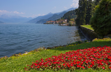 View of Bellagio, a small village on Como lake through the Villa Melzi Gardens, Italy.