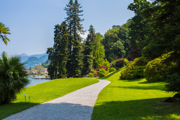 View of Gardens of Villa Melzi in the village of Bellagio on Como lake, Italy