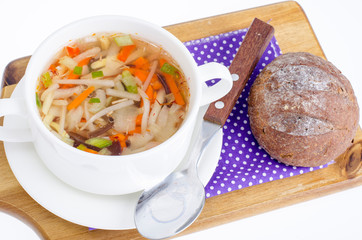 Hot clear broth with vegetables, vegetarian menu