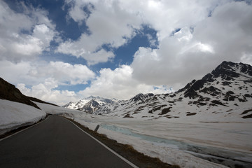 View from the Gavia pass, an alpine pass of the Southern Rhaetian Alps, marking the administrative border between the provinces of Sondrio and Brescia, Italy