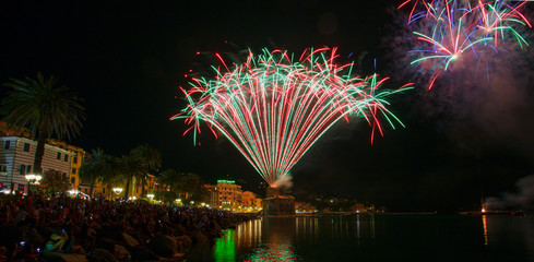 RAPALLO, ITALY JULY, 3, 2019 - Fireworks in Rapallo, Genoa province, Ligurian riviera, Italy.