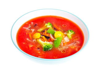 Vegetarian cold tomato soup with mixed vegetables