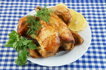 Grilled chicken in white plate on blue tablecloth