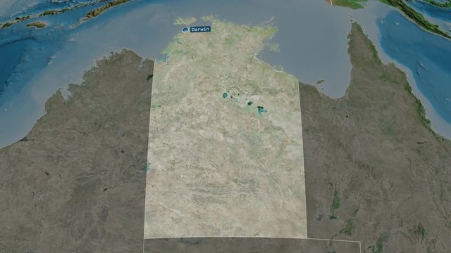 Northern Territory - territory of Australia with its capital zoomed on the satellite map of the globe. Animation 3D