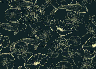 seamless pattern with carps, lotuses and dragonflies