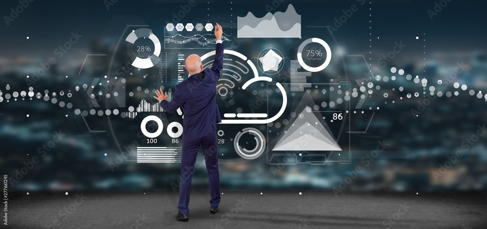 Poster businessman in front of a wall with cloud and wifi concept with icon, stats and data 3d rendering