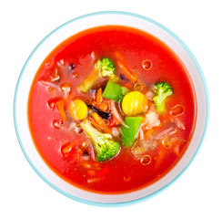 Vegetarian cold tomato soup with mixed vegetables