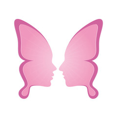 Vector icon with silhouette butterfly that makes face of woman and man. Isolated on white background