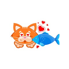 Vector graphic illustration. Funny orange cat kisses a fish on the background of red hearts. Logo concept for a pet shop and a vet clinic. Symbol, sign, emblem, logo, label.