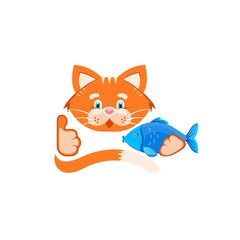 Vector graphic illustration. Funny Orange cat holds a small fish in a paw and shows a class. Logo concept for a pet shop and a vet clinic. Symbol, sign, emblem, logo, label.