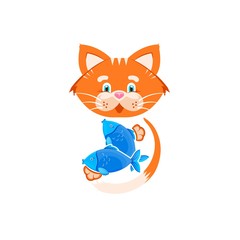 Vector graphic illustration. Funny Orange cat holds two small fishes in paws. Logo concept for a pet shop and a vet clinic. Symbol, sign, emblem, logo, label. Isolated elements on white background.