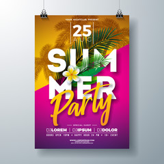 Vector Summer Party Flyer Design with Flower and Tropical Palm Leaves on Pink and Yellow Background. Summer Holiday Celebration Illustration with Exotic Plants and Typography Letter for Banner, Flyer