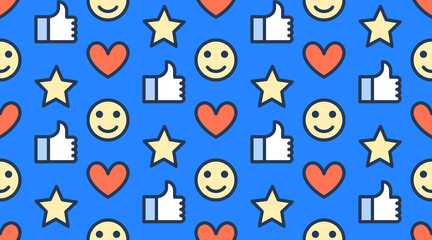 Feedback seamless pattern with flat line icons of thumbs up, like, star, happy customer. Simple background for client review, survey