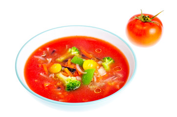 Vegetarian cold tomato soup with mixed vegetables
