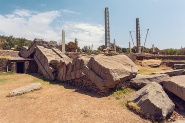 Ancient obelisks in city Aksum, Ethiopia. UNESCO World Heritage site. African culture and history place
