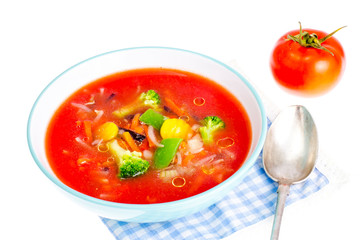 Vegetarian cold tomato soup with mixed vegetables
