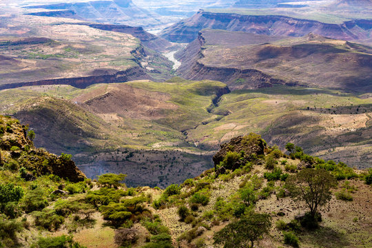 Beautiful mountain landscape with canyon and dry river bed, Somali Region. Ethiopia wilderness landscape, Africa.
