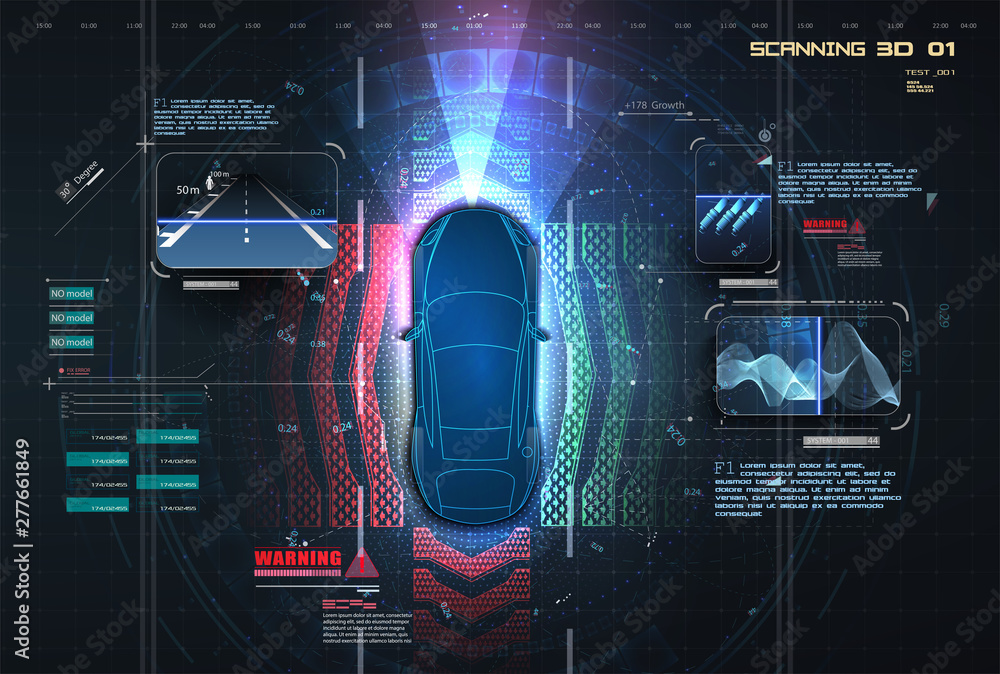 Aufkleber Automatic braking system avoid car crash from car accident. Concept for driver assistance systems. Autonomous car. Driverless car. Self driving vehicle. Future concepts smart auto. HUD, GUI, hologram 