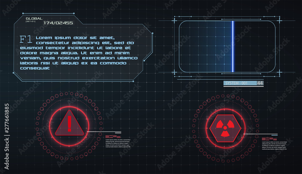 Poster hud ui gui futuristic user interface screen elements set. high tech screen for video game. sci-fi co