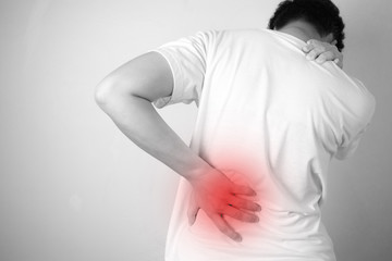 Asian people with back pain, isolated on a white background, black and white images.