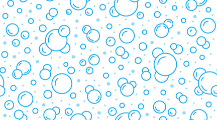 Bubbles vector seamless pattern with flat line icons. Blue white color soap texture. Fizzy water background, abstract effervescent effect wallpaper - obrazy, fototapety, plakaty
