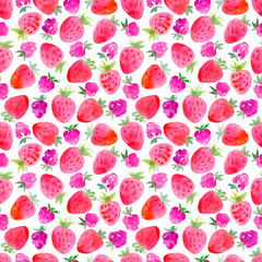 Seamless pattern with strawberries and pink raspberries. Watercolor hand drawn illustration on white background