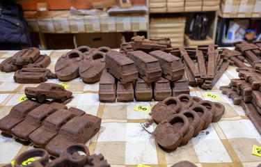Chocolate tools, cars and padlocks for sale at Christmas market