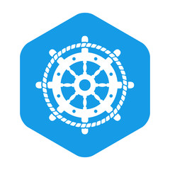 Icono plano abstracto con timón con cuerda en círculo en hexágono color azul