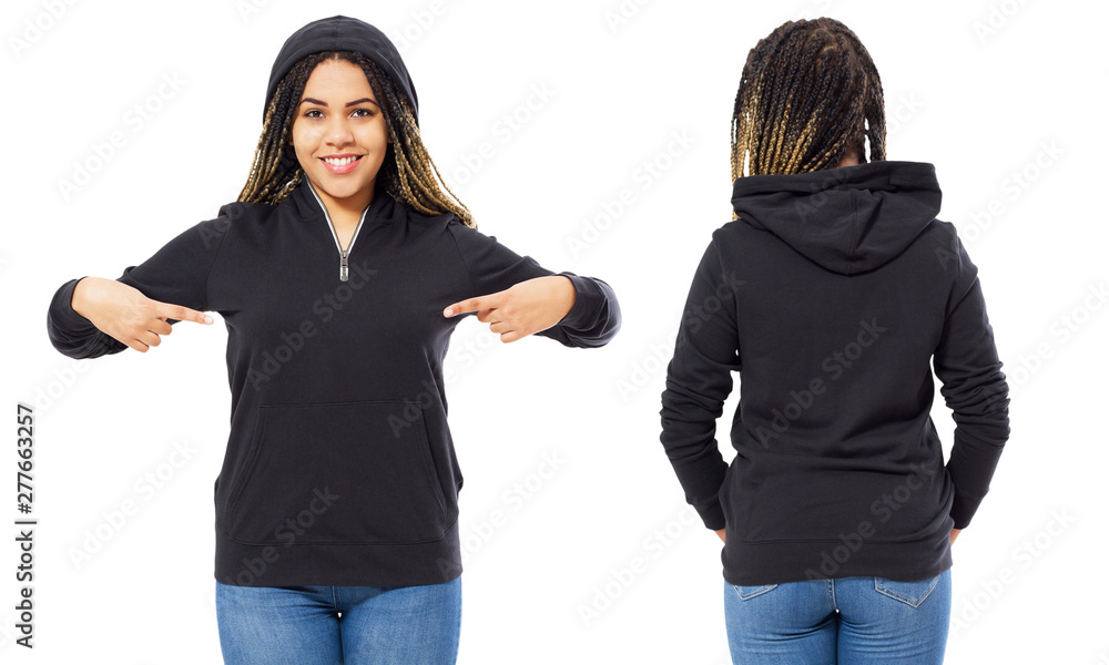 Poster Pointed stylish afro american girl in hoodie front and back view, black woman in black sweatshirt mockup isolated on white background.