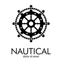 Logotipo abstracto con texto NAUTICAL con timón con cuerda en círculo en color negro