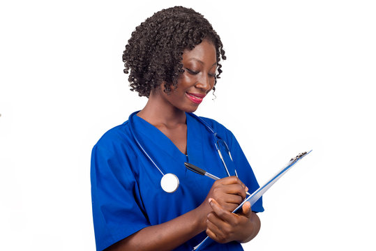 female nurse or doctor writing on clipboard
