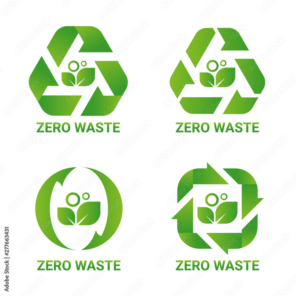 Poster zero waste sign concept with green leaf in arrow around cycle style vector design