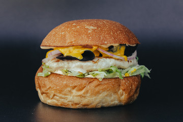 Delicious fresh homemade burger on a dark table