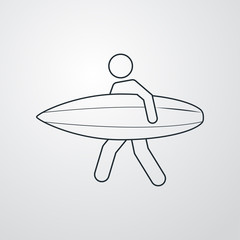 Icono plano lineal surfista con tabla en fondo gris